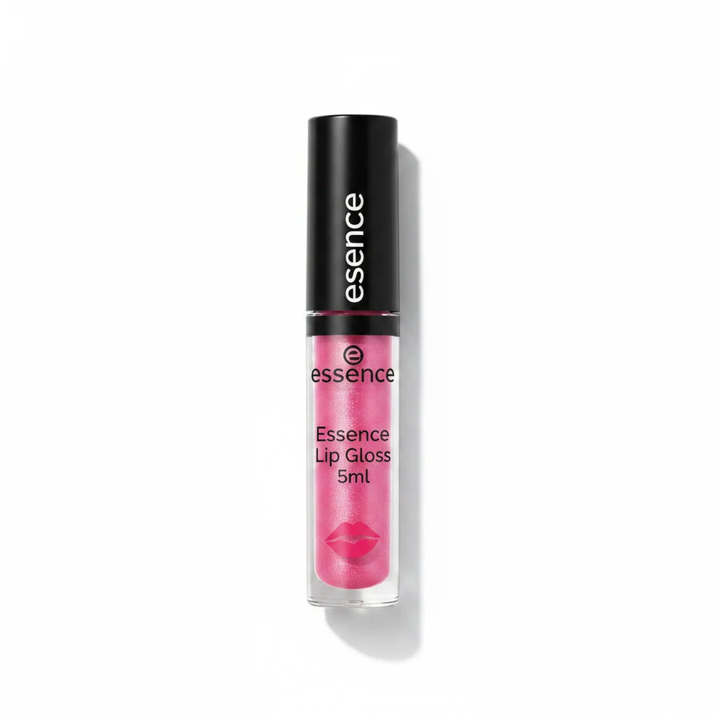 A clear, glossy lip gloss in a clear tube with a pink cap. The Essence logo is visible on the label.