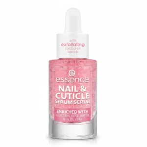 A bottle of Essence Nail Repair Oil & Cuticle Remover. The bottle has a white label with the Essence logo and product name. The bottle is clear, showing the amber-colored oil inside.