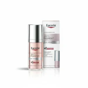 A clear glass bottle with a white label featuring the Eucerin logo and product name. The bottle contains a light yellow serum.