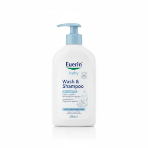 A white bottle with a blue label that says 'Eucerin Baby Wash & Shampoo'. The bottle has a pump dispenser on top.