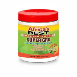A bottle of Africa's Best Super GRO Hair & Scalp Conditioner, with a green and white label. The bottle contains 149g of product.