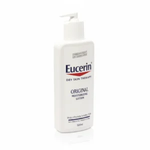 A white bottle of Eucerin Moisturizing Lotion with a blue label. The bottle has a pump dispenser on top.