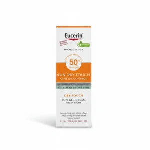A white bottle of Eucerin SPF 50+ sunscreen lotion with a blue and white label