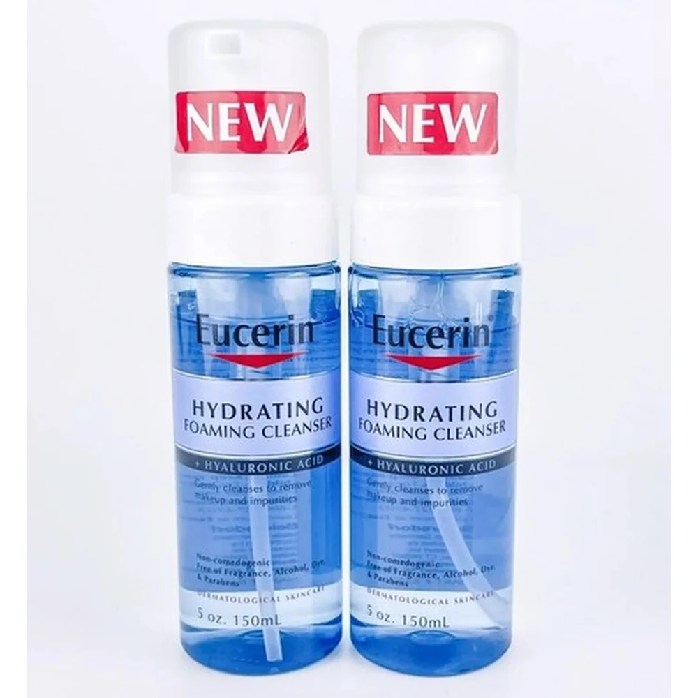 A white bottle of Eucerin Gentle Cleansing Milk with a blue and white label. The bottle has a pump dispenser on top.
