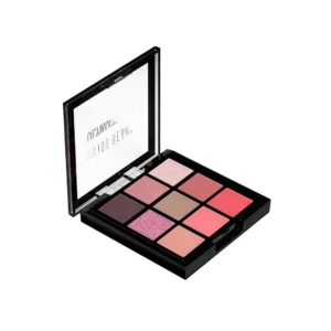 A rectangular eyeshadow palette in a sleek black compact, with a mirror inside the lid. The palette contains 12 round eyeshadow pans in a variety of shimmery and matte finishes, including neutral, bold, and metallic shades.