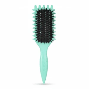 A black and gold curling hair brush with a ceramic-coated barrel and an ergonomic handle