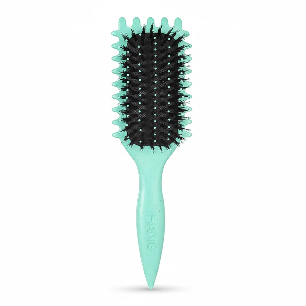A black and gold curling hair brush with a ceramic-coated barrel and an ergonomic handle