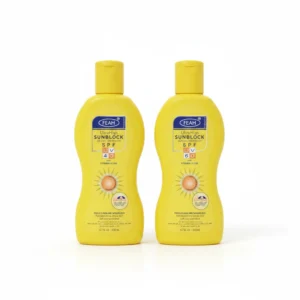 A bottle of Feah Ultra High Sun Block with a white label and orange cap. The label displays the product name, SPF 40 and SPF 60 protection, and lists the key ingredients of Vitamin A, C, and E.