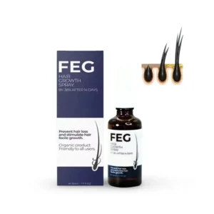 A 50 ml bottle of FEG Hair Growth Spray with a white label and green accents