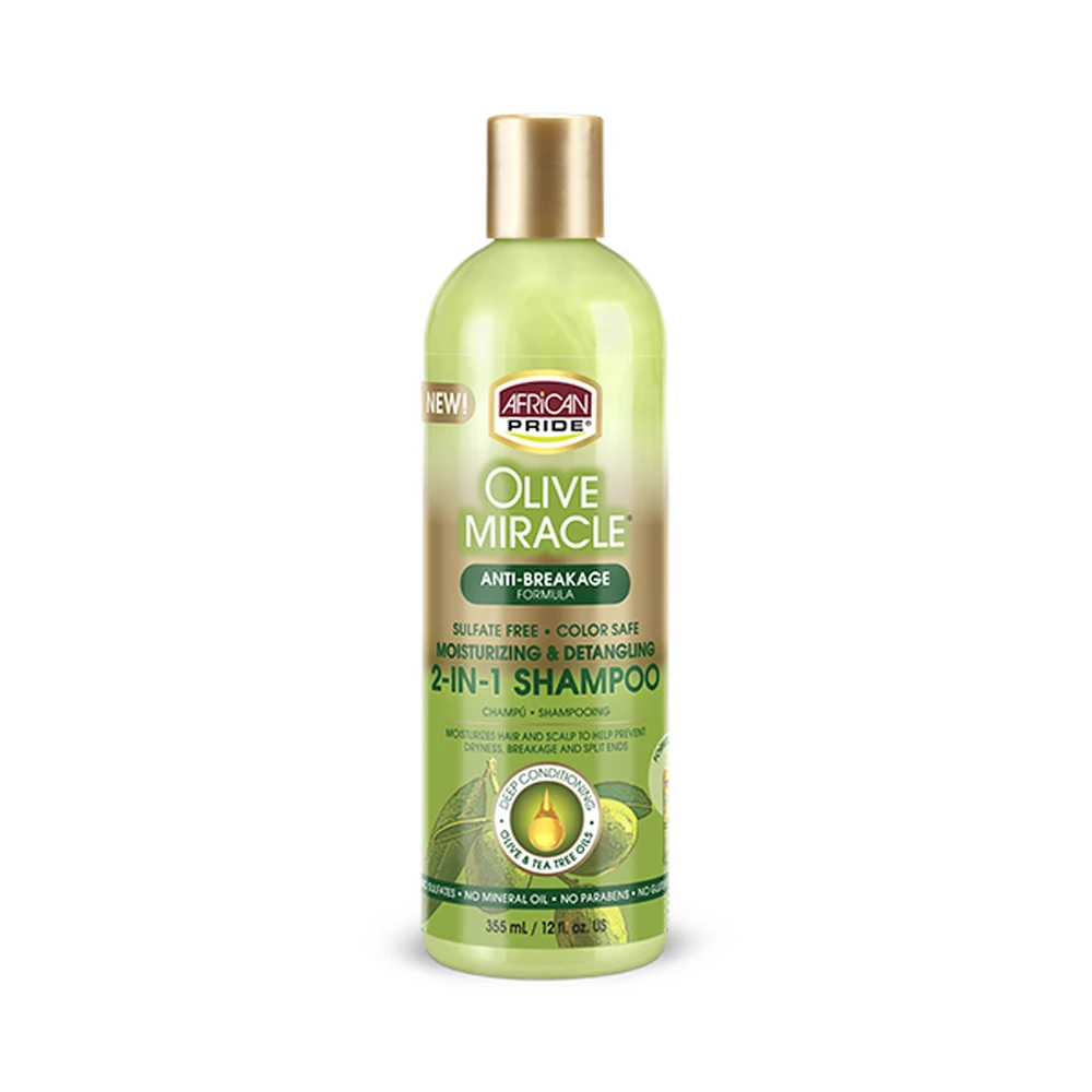 A bottle of African Pride 2-in-1 Shampoo & Conditioner with a purple and white label. The bottle is clear, showing the light brown shampoo and conditioner formula inside.