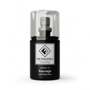 A sleek, glass bottle of Fine Fragrance perfume in a clear, amber-colored liquid with a silver cap and label