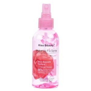 A clear glass bottle with a pink label, containing a clear liquid makeup setting spray. The label displays the brand name 'Fit Me and Kiss Beauty' and the product name 'Makeup Fix Spray'.