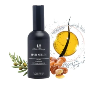 A clear glass bottle with a white label containing the Florence logo and the words 'Hair Serum with Argan Oil'. The bottle has a black dropper cap.