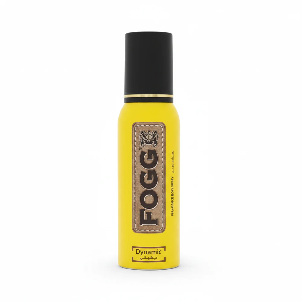 A silver can of Fogg Marco Body Spray for Men, with a blue and white label displaying the brand name and product details.