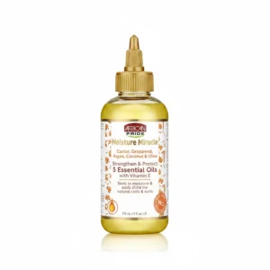 A bottle of African Pride Moisture Miracle 5 Essential Oils Hair Treatment. The bottle is clear with a white label featuring the African Pride logo and product name. The label also lists the key ingredients like avocado, coconut, and olive oils.