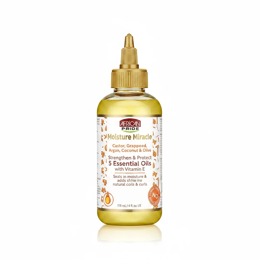A bottle of African Pride Moisture Miracle 5 Essential Oils Hair Treatment. The bottle is clear with a white label featuring the African Pride logo and product name. The label also lists the key ingredients like avocado, coconut, and olive oils.