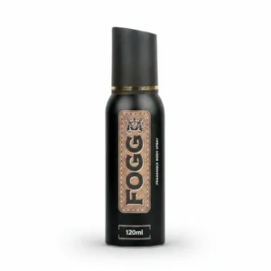 A 120ml bottle of Fogg Master Body Spray in a sleek, cylindrical shape with a white label and blue accents.