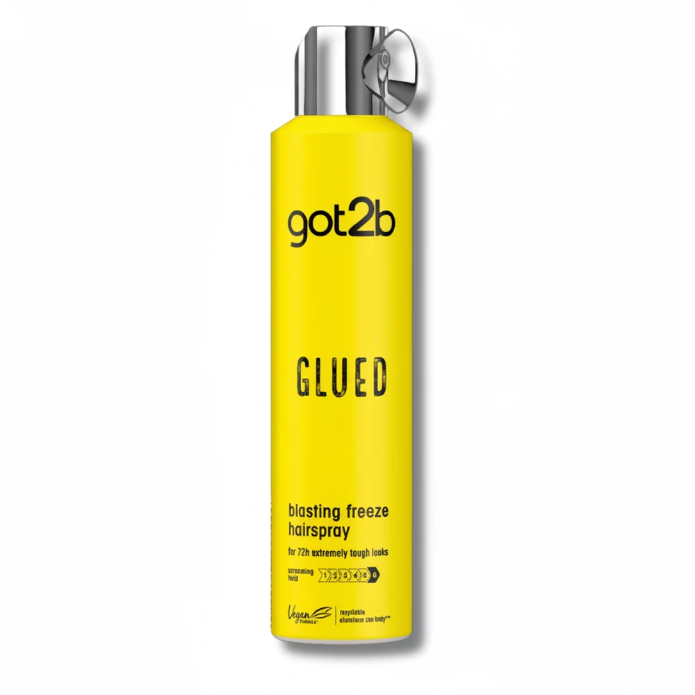 A 300ml bottle of Schwarzkopf got2b Glued Blasting Freeze Hair Spray. The bottle has a white label with the got2b logo and product name.