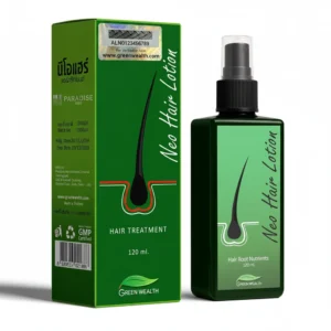 A bottle of Green Wealth Neo Hair Lotion with a green and white label. The bottle contains 120ml of the hair treatment product.