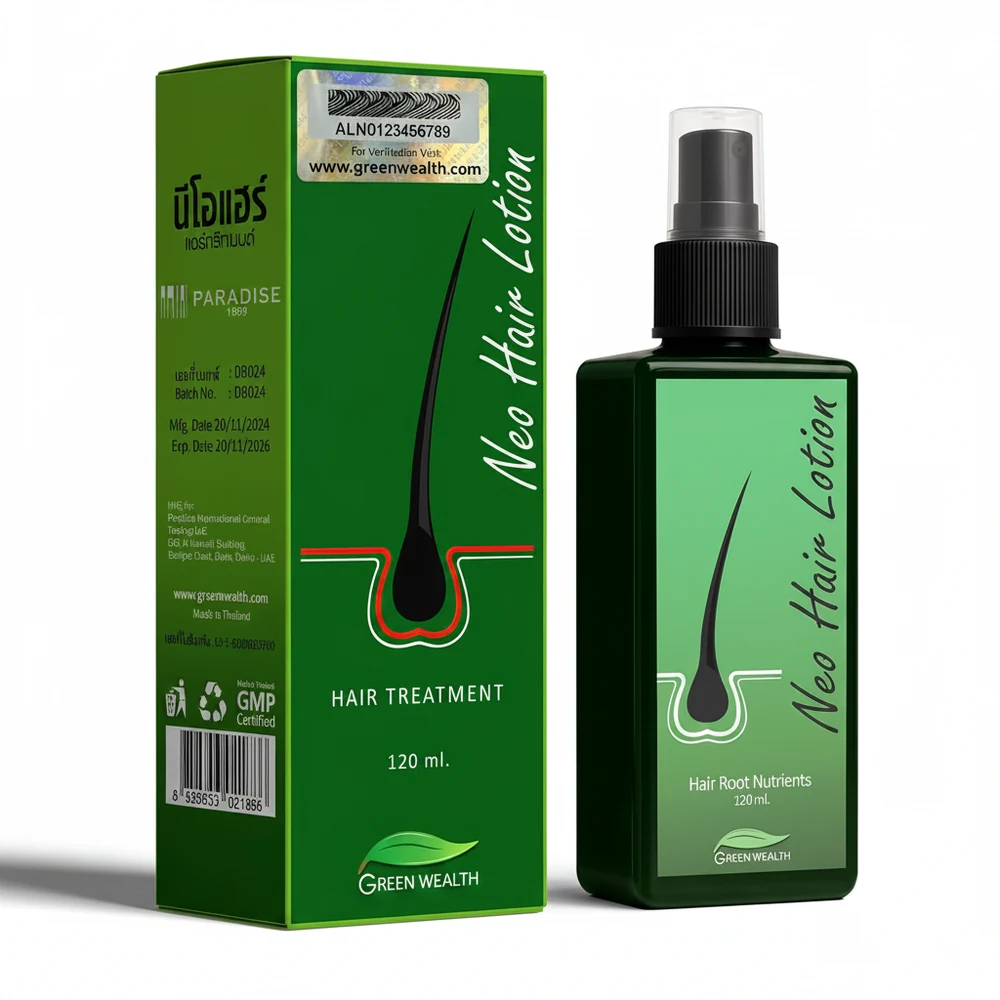 A bottle of Green Wealth Neo Hair Lotion with a green and white label. The bottle contains 120ml of the hair treatment product.