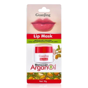 A round, light brown lip balm container with a black screw-top lid. The label features the Guanjing brand name and 'Moroccan Argan Oil' in white text on a green background.