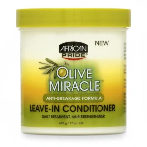 A bottle of African Pride Moisture Miracle Leave-In Conditioner with a label featuring the brand name, product name, and images of baobab and coconut oils.