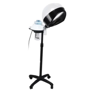 A professional-looking hair steamer with an adjustable hood, rolling floor-standing design, and control panel on the front.