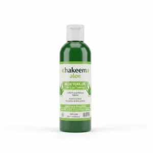 A clear glass bottle with a white label featuring the Hakeem logo and the words 'Aloe Vera Oil'. The bottle contains a pale green, translucent liquid.