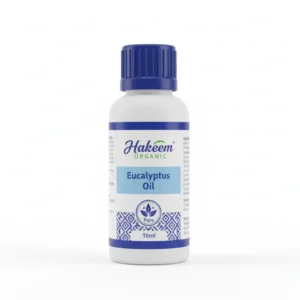 A 10ml glass bottle with a green label that says 'Hakeem Organic Eucalyptus Oil'