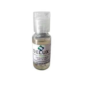 A clear glass bottle with a white label, containing a pale yellow-green liquid. The label displays the Hakeem brand name and 'Organic Eucalyptus Oil' in green text.