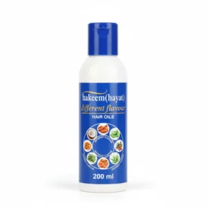 A 200 ml bottle of Hakeem(Hayat) Different Flavour Hair Oils, with a label displaying the brand name and product description