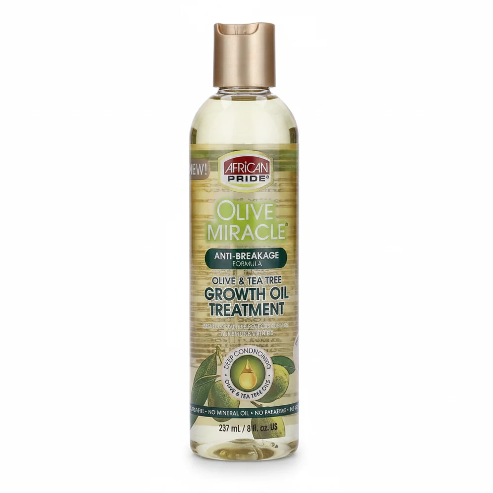A bottle of African Pride Olive Miracle Growth Oil Treatment, with a green and gold label. The bottle contains 237ml of the nourishing hair oil.