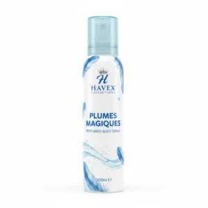 A 200ml can of Havex Collections Plumes Magiques Perfumed Body Spray in a white and gold color scheme with the brand name and product name clearly visible on the label.
