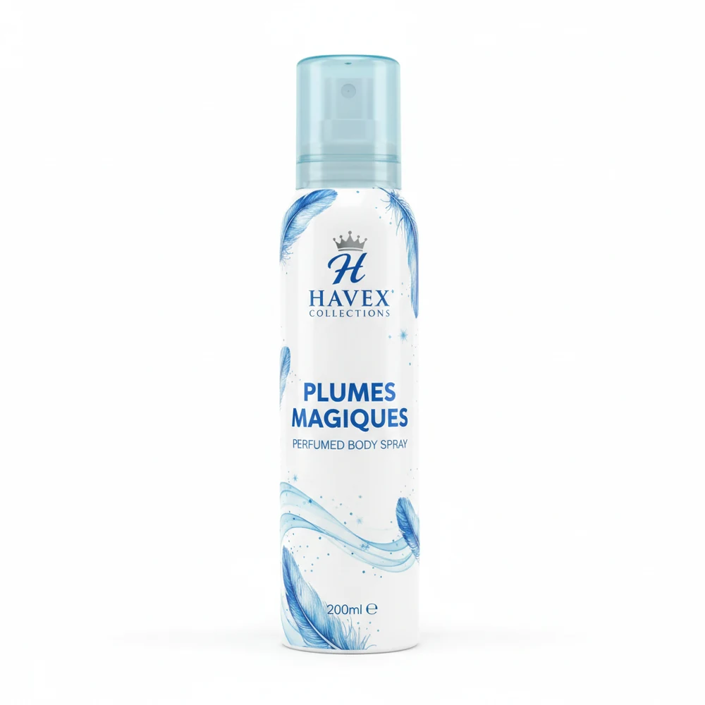 A 200ml can of Havex Collections Plumes Magiques Perfumed Body Spray in a white and gold color scheme with the brand name and product name clearly visible on the label.