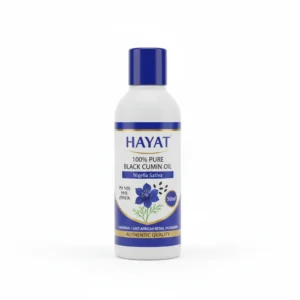 A glass bottle with a black label containing 100% pure black cumin oil. The bottle has a dropper cap.