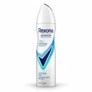 A silver aerosol can of HE Deodrant Spray with a white label