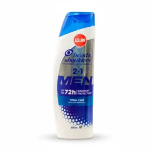 A bottle of Head & Shoulders Men's 2-in-1 Shampoo and Conditioner in a blue and white color scheme. The label displays the product name and key features.