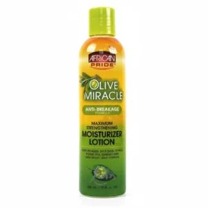 A bottle of African Pride Olive Miracle Oil Moisturizer Lotion with a green and white label. The bottle contains 355ml of product.