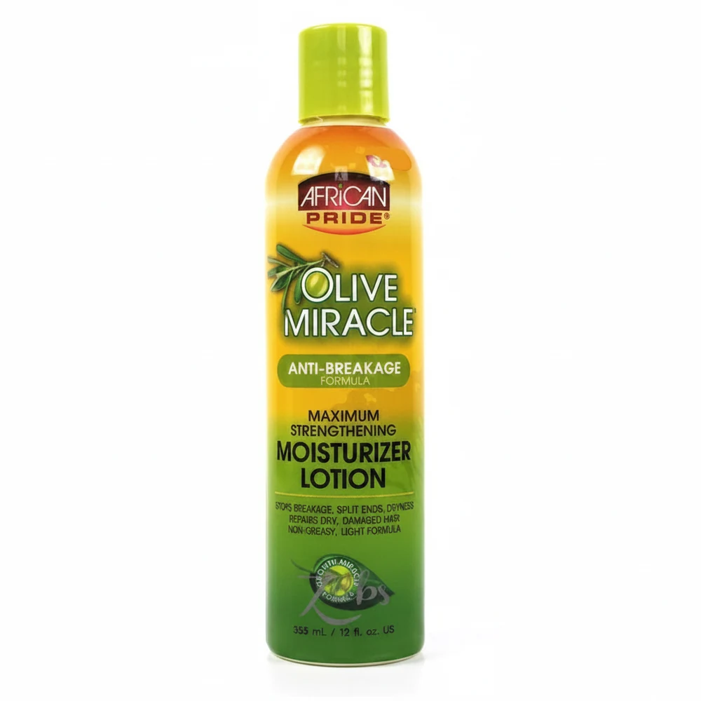 A bottle of African Pride Olive Miracle Oil Moisturizer Lotion with a green and white label. The bottle contains 355ml of product.