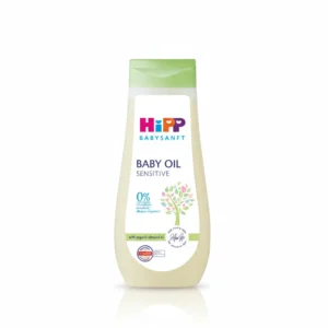 A bottle of HiPP Babysanft Care Oil with a white label and green accents. The bottle contains 200ml of the gentle, nourishing oil.