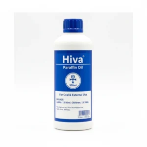 A clear glass bottle containing a colorless, transparent paraffin oil liquid. The label on the bottle displays the Hiva brand name and '500ml' in black text.