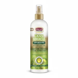 A bottle of African Pride Olive Moisturizer Hair Lotion with a green and white label. The bottle is cylindrical in shape and contains 355ml of product.