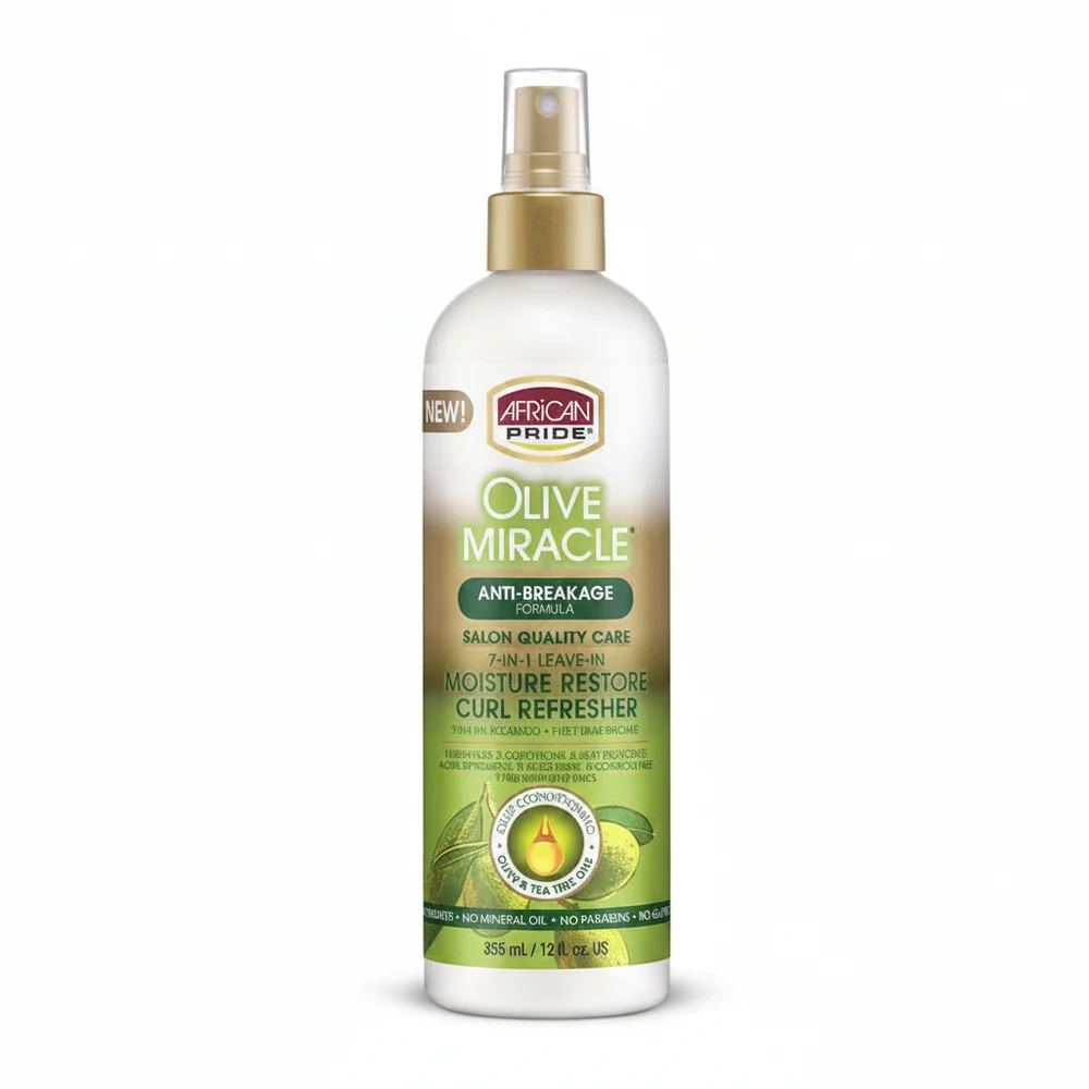 A bottle of African Pride Olive Moisturizer Hair Lotion with a green and white label. The bottle is cylindrical in shape and contains 355ml of product.