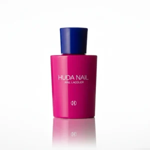 A bottle of Huda Nail Polish in a vibrant blue color. The label features the Huda Beauty logo.