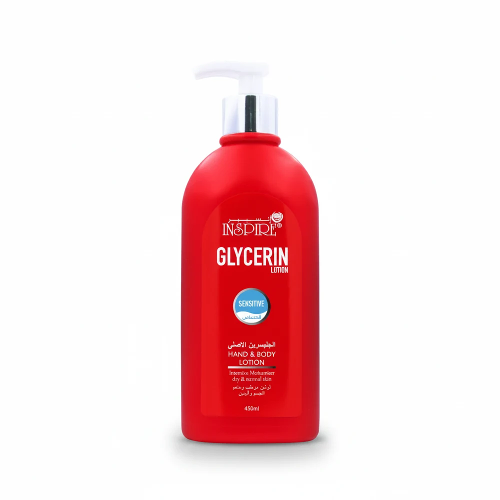A 450ml bottle of Inspire Glycerin Lotion with a white label and green accents