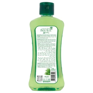 A bottle of Inspire Hair Care Aloe Vera Hair Oil with a green and white label. The bottle has a pump dispenser and contains 200ml of product.