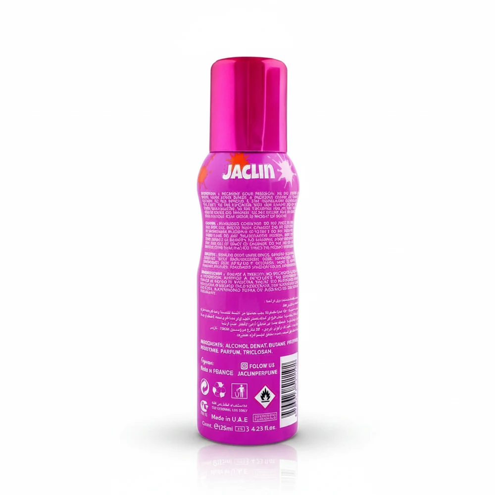 A bottle of Jaclin Deodorant Spray in a white and blue color scheme. The label displays the Jaclin brand name.