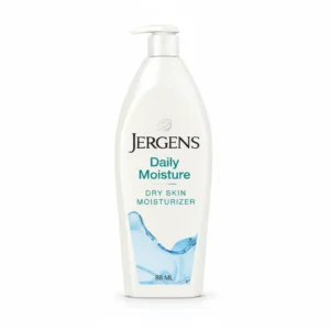 A white bottle of Jergens Skin Moisturizing Lotion with a green label and cap