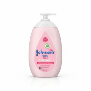 A white plastic bottle of Johnson's Baby Lotion with a blue label. The bottle contains 300 ml of product.