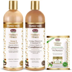 A 473ml bottle of African Pride Moisture Miracle Shampoo & Conditioner. The bottle has a white label with the African Pride logo and product name.